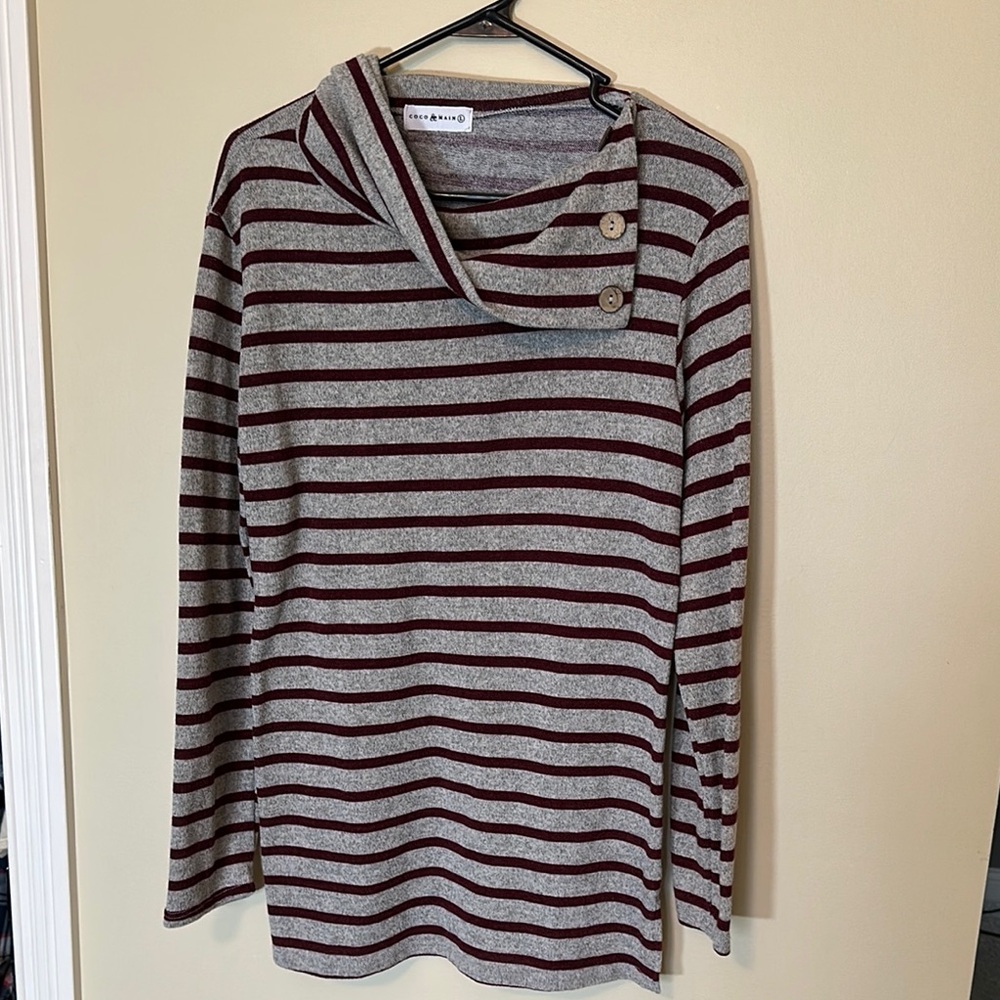 Ann Taylor Gray and Red Cowl Neck Sweater